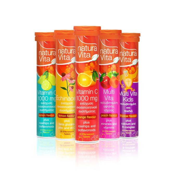 Natura Vita Effervescent Tablets Vitamin C Plus Echinacea Plus Multi Vita Plus Multi Vita Kids Plus Jmn Group Greece